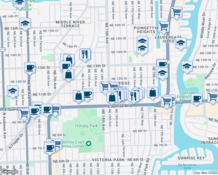 map of restaurants, bars, coffee shops, grocery stores, and more near 1111 Northeast 16th Avenue in Fort Lauderdale
