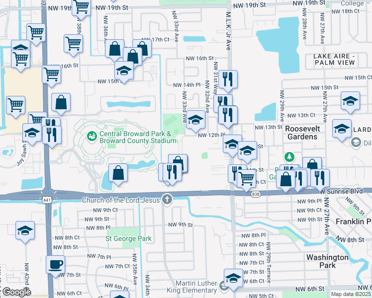 map of restaurants, bars, coffee shops, grocery stores, and more near Northwest 34th Avenue in Lauderhill
