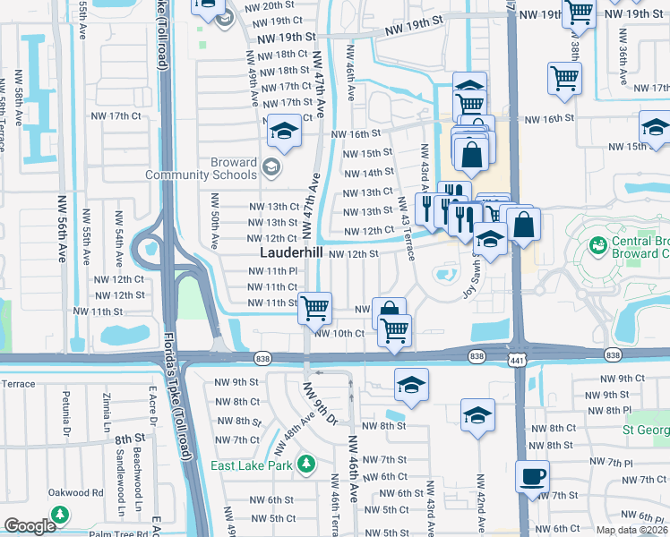 map of restaurants, bars, coffee shops, grocery stores, and more near 1141 Northwest 45th Terrace in Lauderhill
