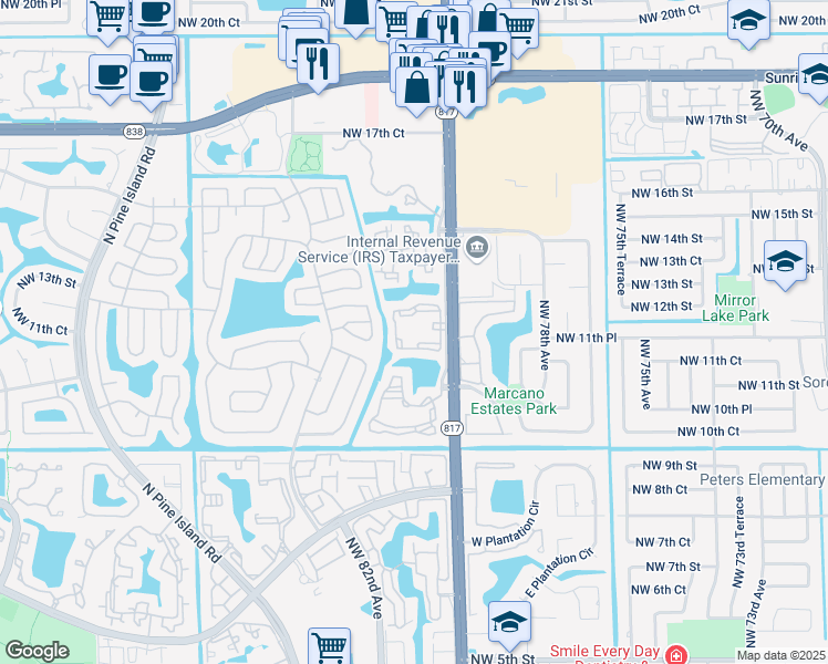 map of restaurants, bars, coffee shops, grocery stores, and more near 8136 Lakepointe Drive in Plantation