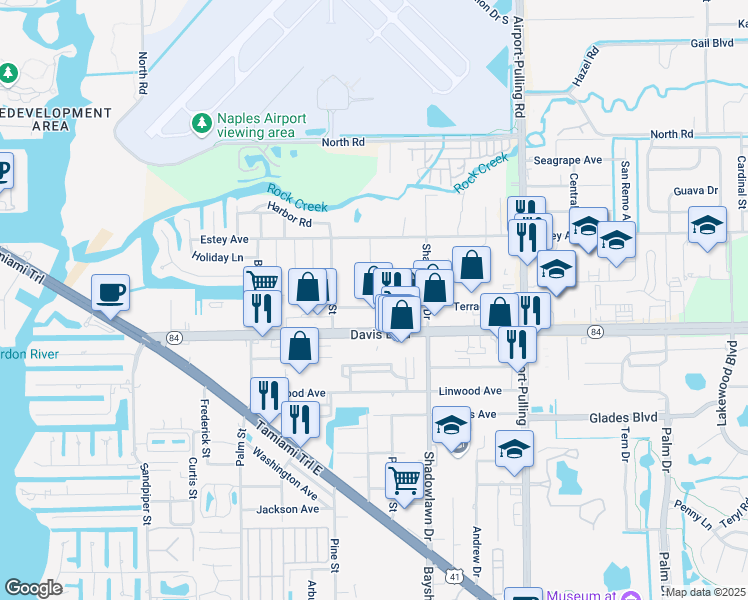 map of restaurants, bars, coffee shops, grocery stores, and more near 2669 Davis Boulevard in Naples