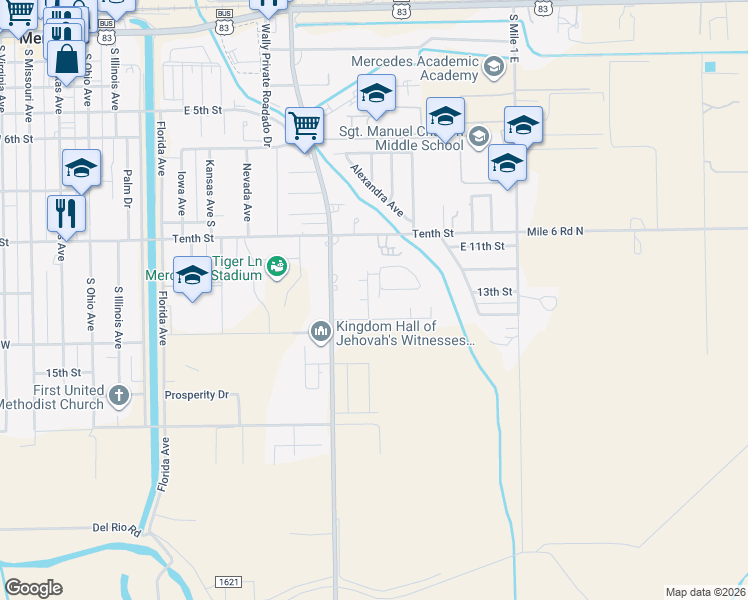 map of restaurants, bars, coffee shops, grocery stores, and more near 835 Closner Boulevard in Mercedes