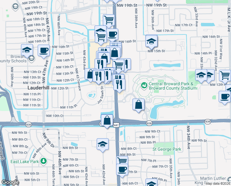 map of restaurants, bars, coffee shops, grocery stores, and more near 1140 U.S. 441 in Lauderhill