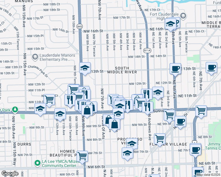 map of restaurants, bars, coffee shops, grocery stores, and more near 1115 Northwest 5th Avenue in Fort Lauderdale