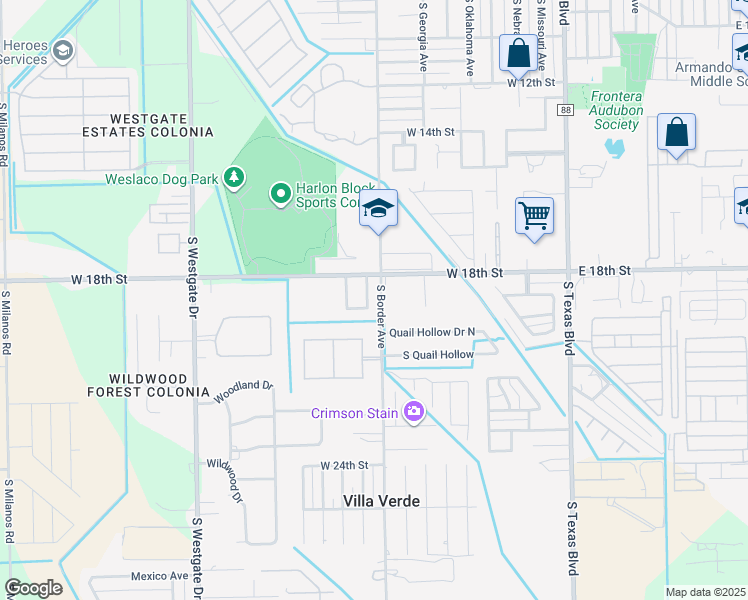 map of restaurants, bars, coffee shops, grocery stores, and more near 1801 South Border Avenue in Weslaco