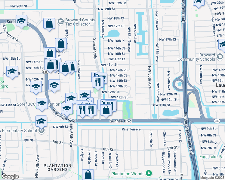 map of restaurants, bars, coffee shops, grocery stores, and more near 5891 Northwest 13th Street in Sunrise