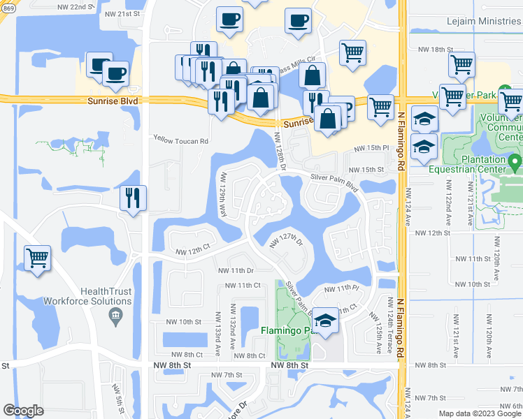 map of restaurants, bars, coffee shops, grocery stores, and more near 12717 Northwest 13th Street in Sunrise