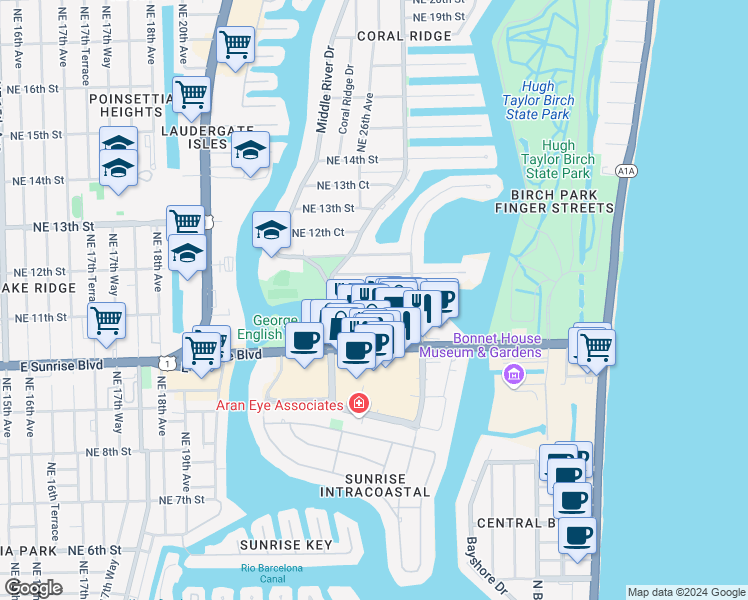 map of restaurants, bars, coffee shops, grocery stores, and more near 2600 Yacht Club Boulevard in Fort Lauderdale