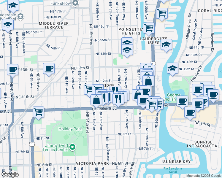 map of restaurants, bars, coffee shops, grocery stores, and more near 1132 Northeast 17th Avenue in Fort Lauderdale