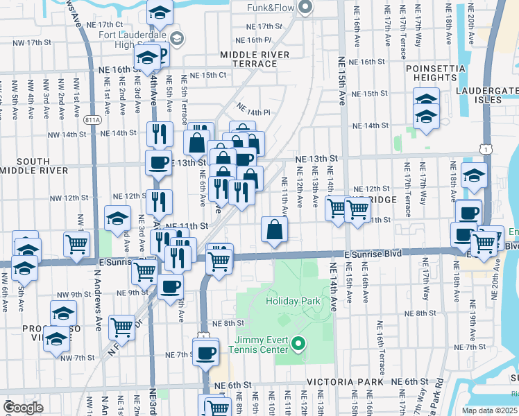 map of restaurants, bars, coffee shops, grocery stores, and more near 1140 Northeast 10th Avenue in Fort Lauderdale