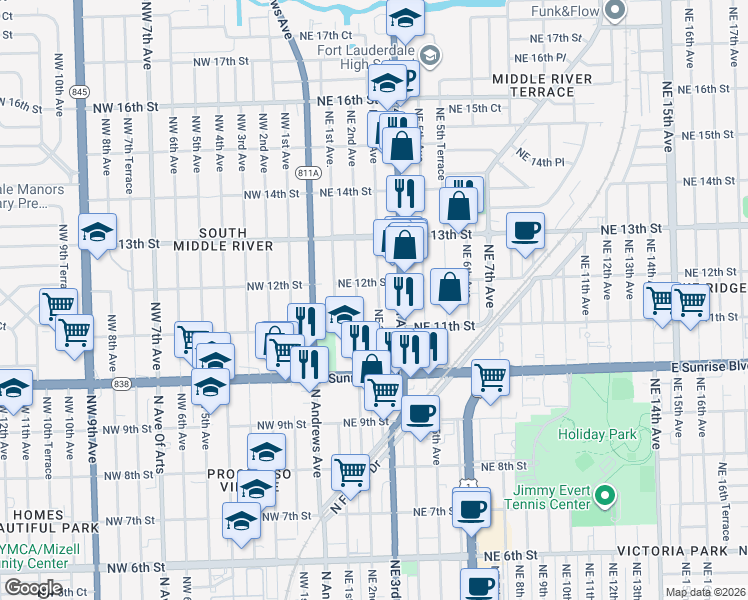 map of restaurants, bars, coffee shops, grocery stores, and more near 1145 Northeast 3rd Avenue in Fort Lauderdale