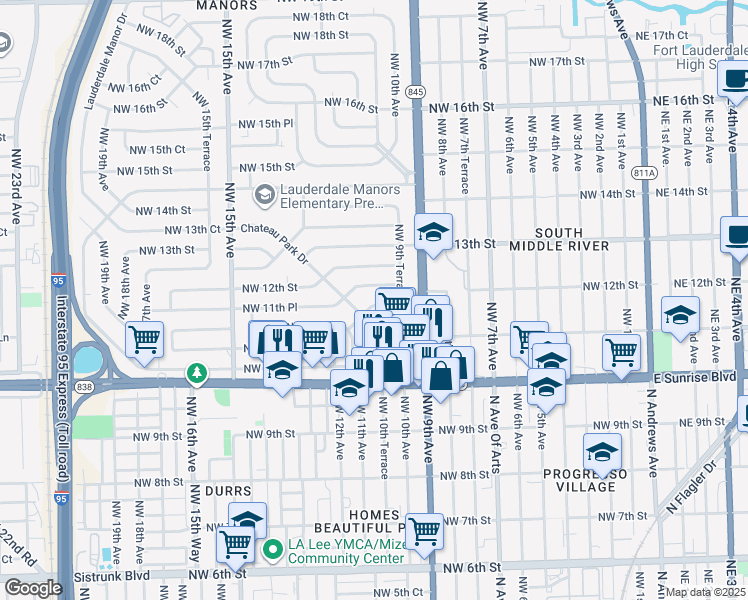 map of restaurants, bars, coffee shops, grocery stores, and more near 11 Northwest 17th Place Extension in Fort Lauderdale