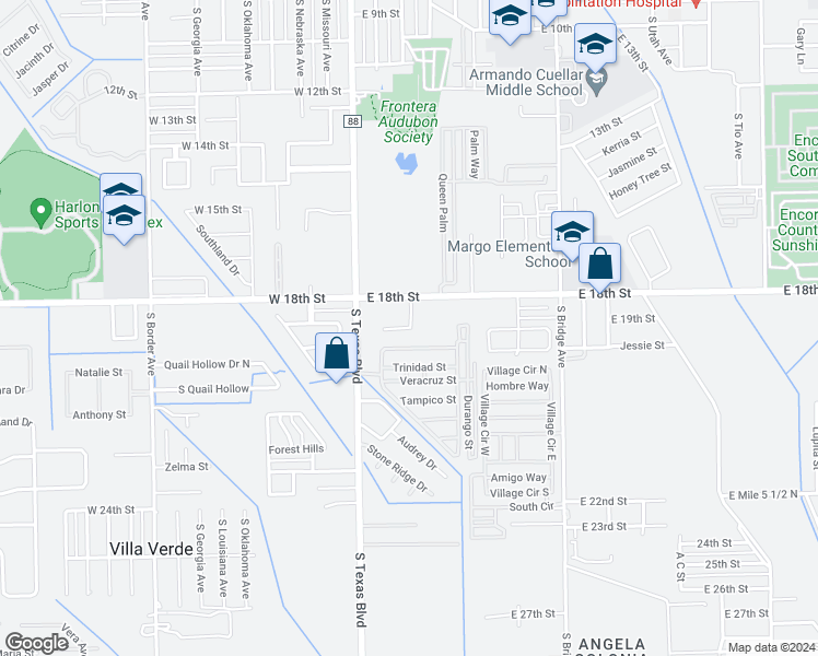 map of restaurants, bars, coffee shops, grocery stores, and more near 318 East 18th Street in Weslaco