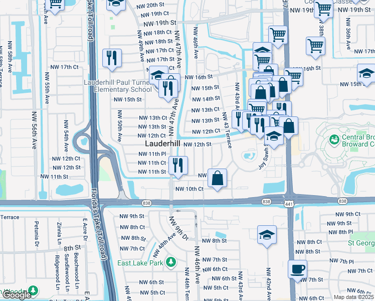 map of restaurants, bars, coffee shops, grocery stores, and more near 4541 Northwest 12th Street in Lauderhill