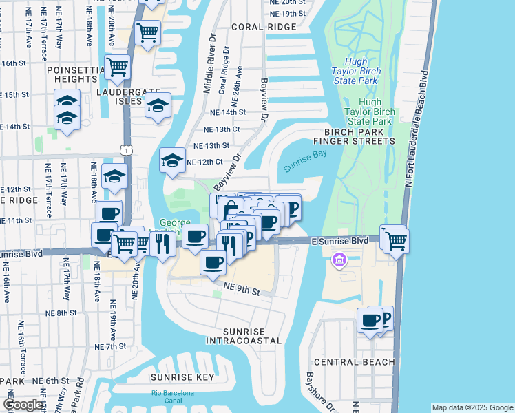 map of restaurants, bars, coffee shops, grocery stores, and more near 2634 Yacht Club Boulevard in Fort Lauderdale