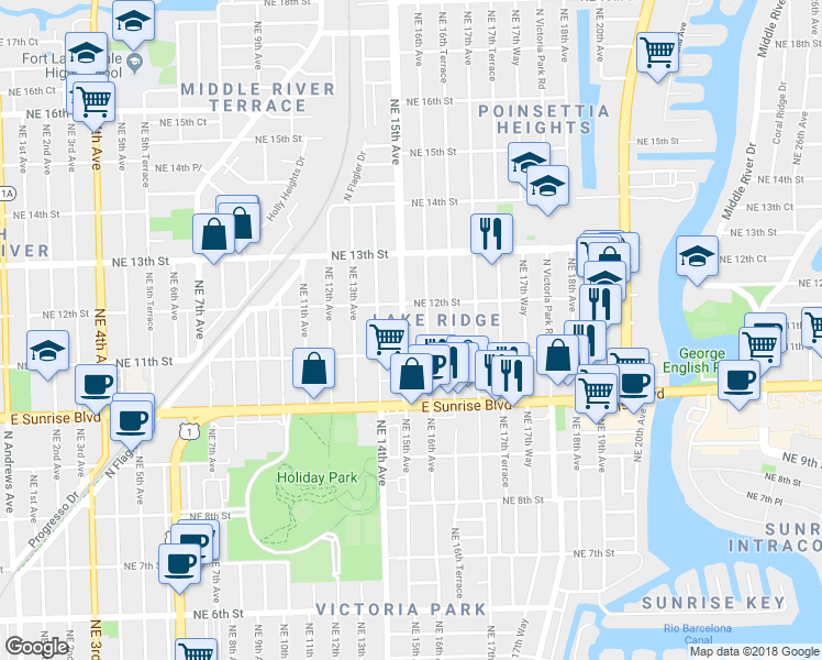map of restaurants, bars, coffee shops, grocery stores, and more near 1136 Northeast 15th Avenue in Fort Lauderdale