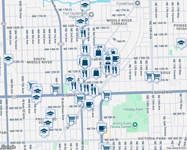 map of restaurants, bars, coffee shops, grocery stores, and more near 1145 Northeast 5th Terrace in Fort Lauderdale