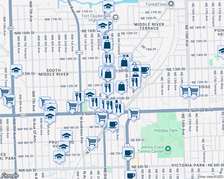 map of restaurants, bars, coffee shops, grocery stores, and more near 1200 Northeast 4th Avenue in Fort Lauderdale