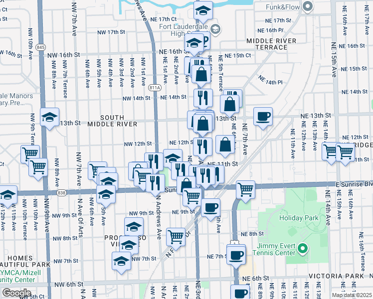 map of restaurants, bars, coffee shops, grocery stores, and more near 1145 Northeast 3rd Avenue in Fort Lauderdale