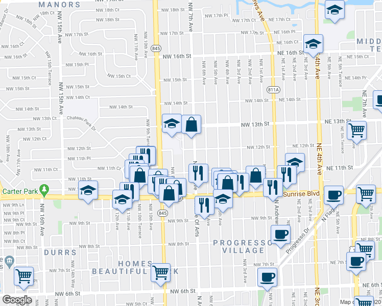 map of restaurants, bars, coffee shops, grocery stores, and more near 1206 Northwest 7th Avenue in Fort Lauderdale