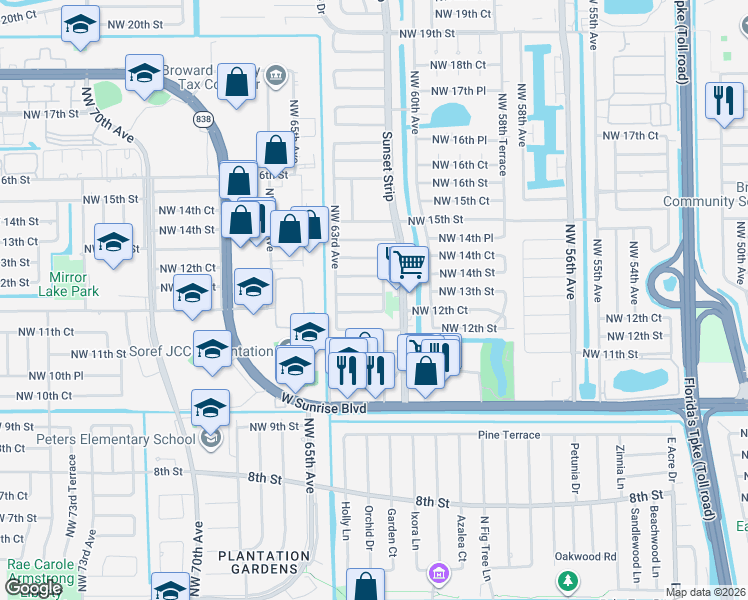 map of restaurants, bars, coffee shops, grocery stores, and more near 6251 Northwest 13th Street in Sunrise