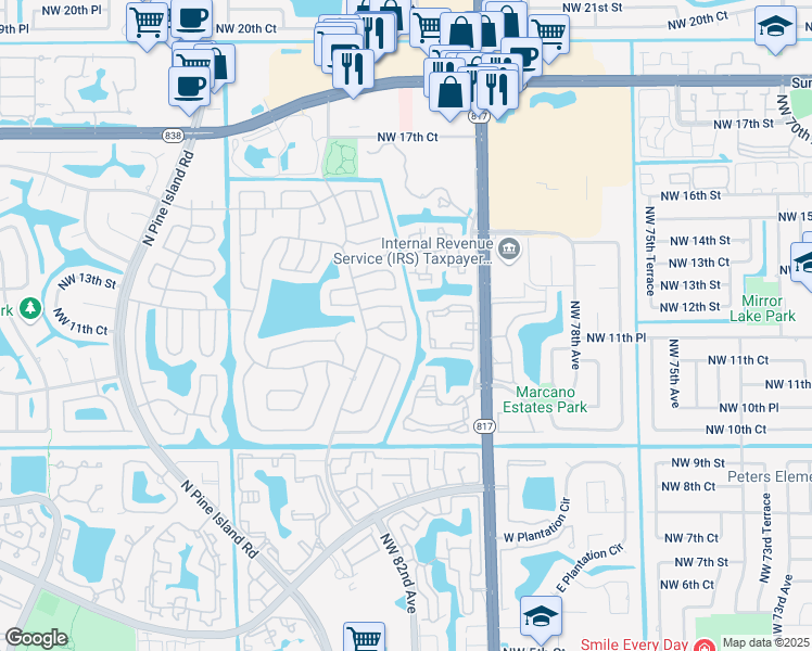 map of restaurants, bars, coffee shops, grocery stores, and more near 8208 Northwest 12th Court in Plantation