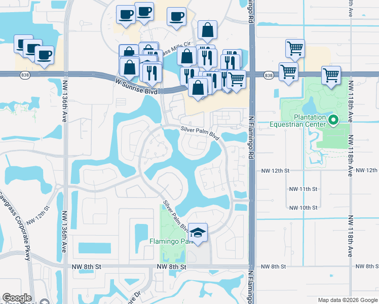 map of restaurants, bars, coffee shops, grocery stores, and more near 1453 Northwest 126th Terrace in Sunrise
