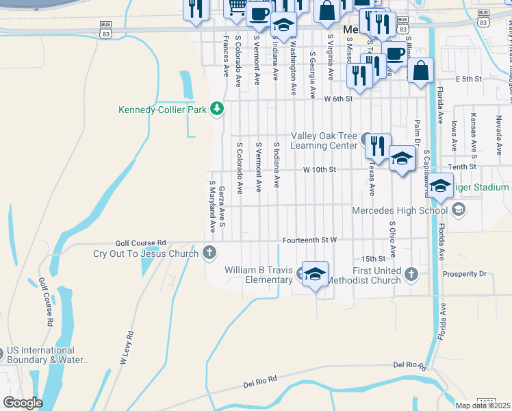 map of restaurants, bars, coffee shops, grocery stores, and more near 1104 South Vermont Avenue in Mercedes