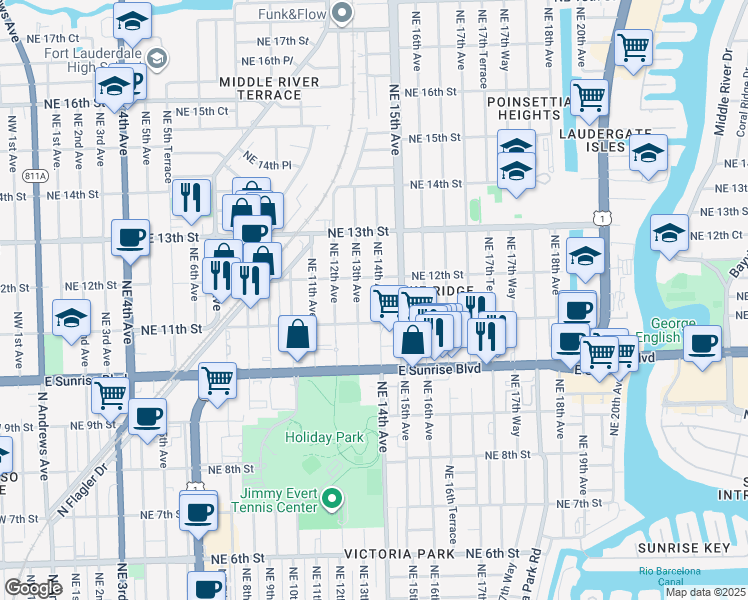 map of restaurants, bars, coffee shops, grocery stores, and more near 1141 Northeast 14th Avenue in Fort Lauderdale