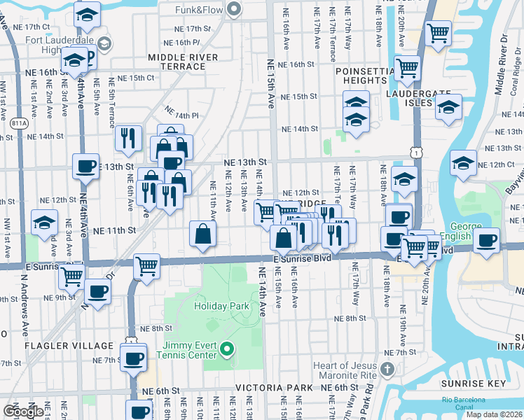 map of restaurants, bars, coffee shops, grocery stores, and more near 1141 Northeast 14th Avenue in Fort Lauderdale