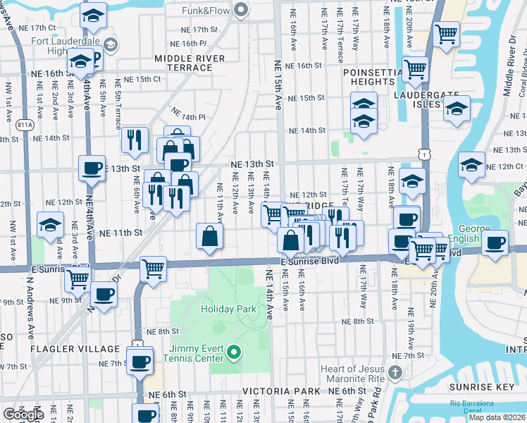 map of restaurants, bars, coffee shops, grocery stores, and more near 1141 Northeast 14th Avenue in Fort Lauderdale
