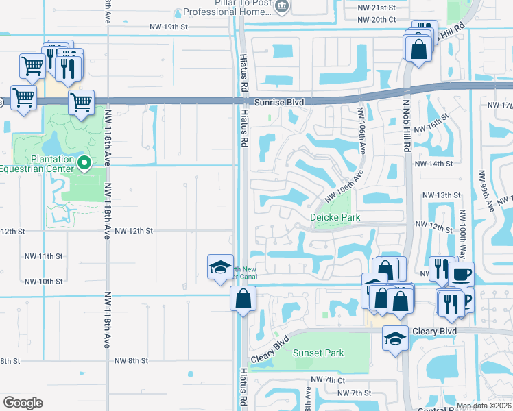 map of restaurants, bars, coffee shops, grocery stores, and more near 1266 Northwest 110th Avenue in Plantation