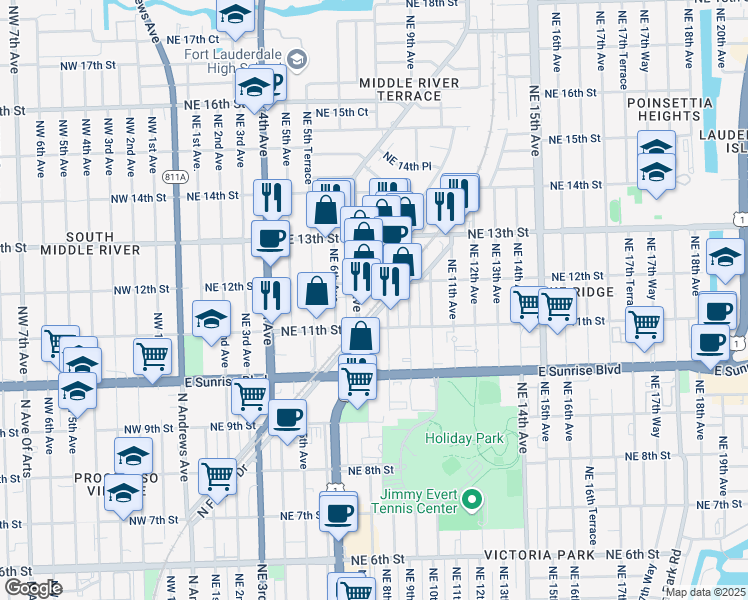 map of restaurants, bars, coffee shops, grocery stores, and more near 1140 Northeast 7th Avenue in Fort Lauderdale
