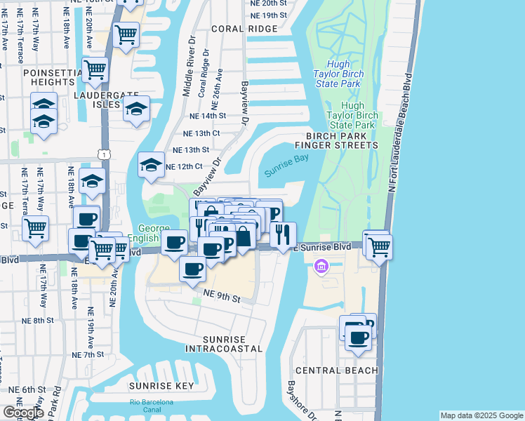 map of restaurants, bars, coffee shops, grocery stores, and more near 20 Yacht Club Boulevard in Fort Lauderdale