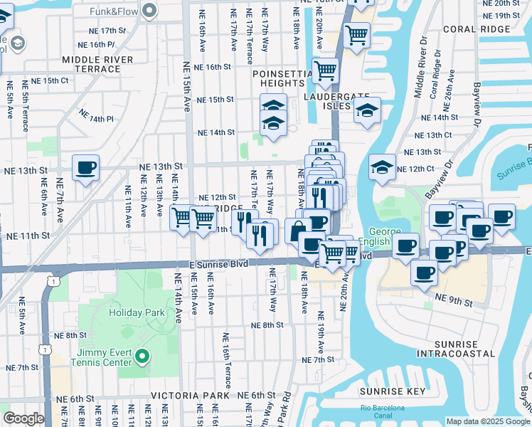 map of restaurants, bars, coffee shops, grocery stores, and more near 1145 Northeast 17th Way in Fort Lauderdale