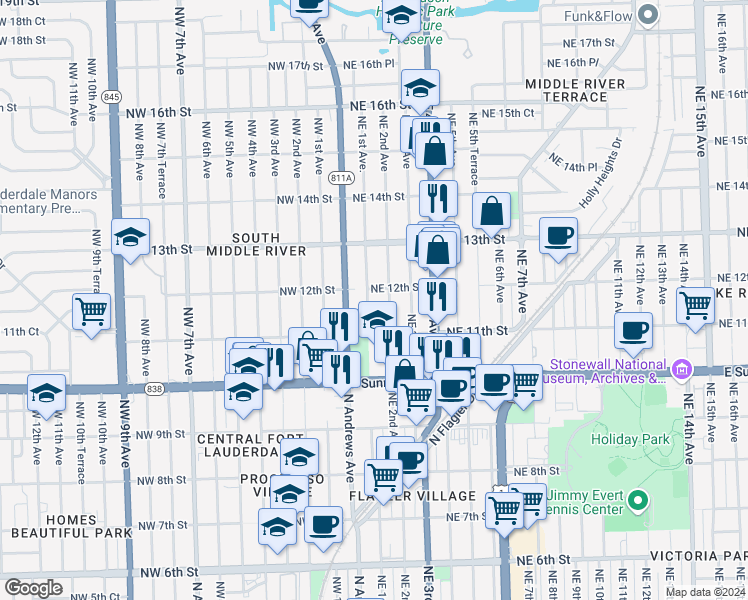 map of restaurants, bars, coffee shops, grocery stores, and more near 1201 Northeast 1st Avenue in Fort Lauderdale