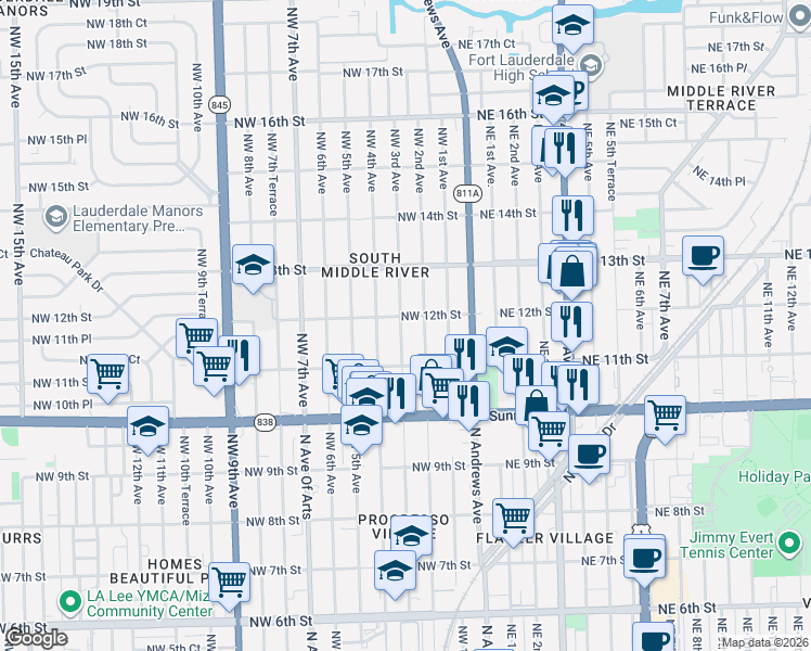 map of restaurants, bars, coffee shops, grocery stores, and more near 1201 Northwest 12th Street in Fort Lauderdale