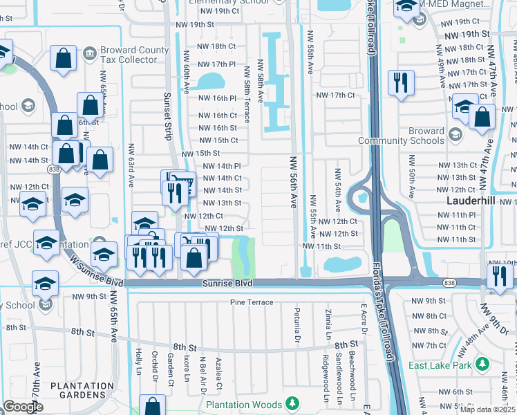 map of restaurants, bars, coffee shops, grocery stores, and more near 5720 Northwest 13th Court in Lauderhill