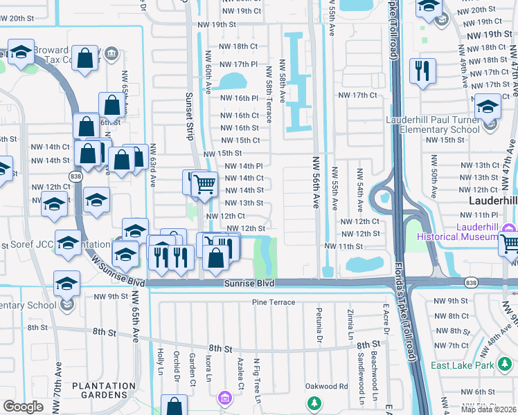 map of restaurants, bars, coffee shops, grocery stores, and more near 5809 Northwest 13th Street in Sunrise