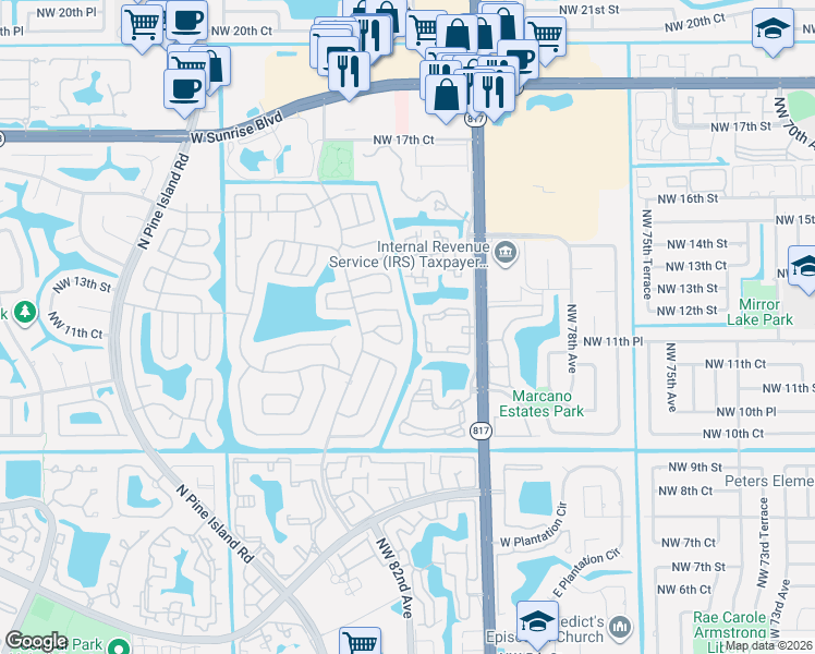 map of restaurants, bars, coffee shops, grocery stores, and more near 8208 Northwest 12th Court in Plantation