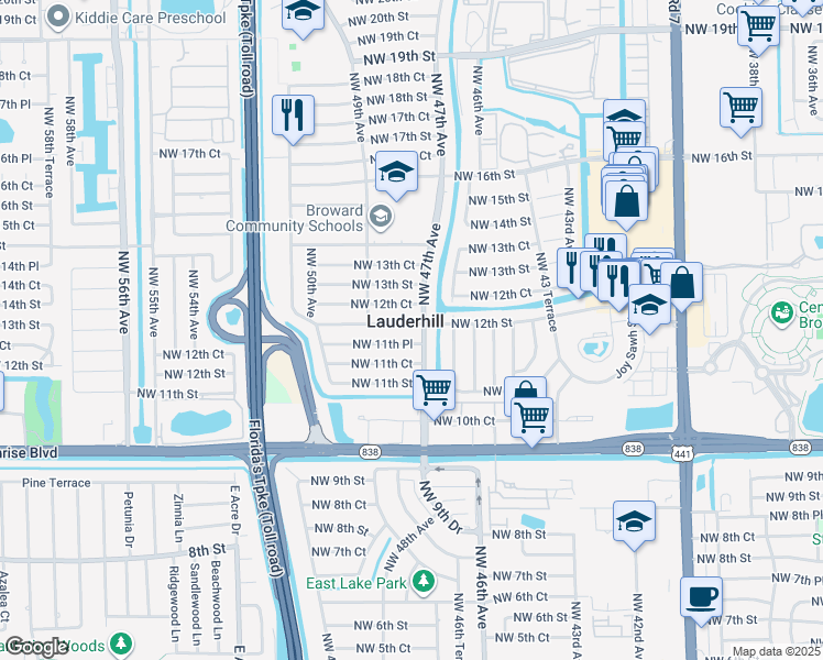 map of restaurants, bars, coffee shops, grocery stores, and more near 1200 Northwest 47th Avenue in Lauderhill