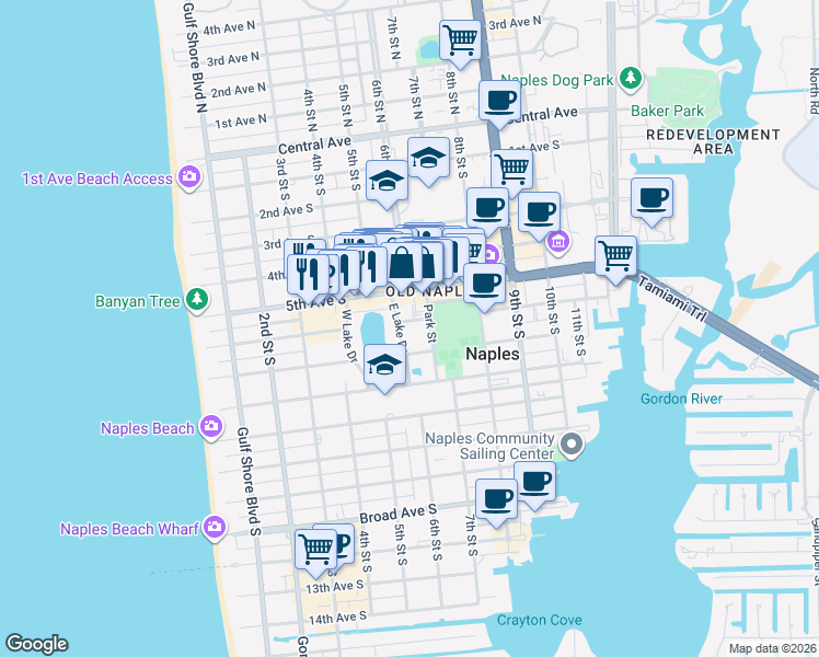 map of restaurants, bars, coffee shops, grocery stores, and more near 613 East Lake Drive in Naples