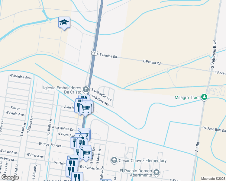 map of restaurants, bars, coffee shops, grocery stores, and more near 305 Monica Avenue in Pharr
