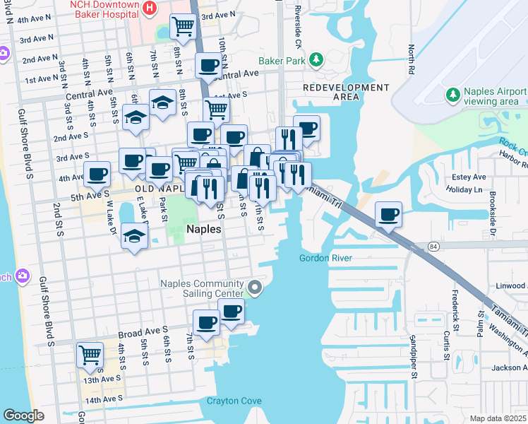 map of restaurants, bars, coffee shops, grocery stores, and more near 1100 6th Avenue South in Naples