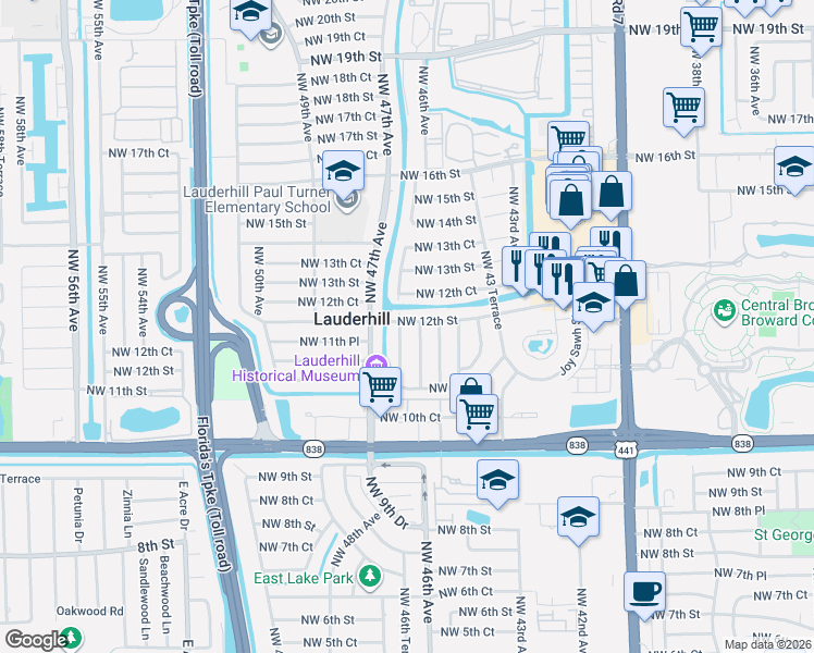 map of restaurants, bars, coffee shops, grocery stores, and more near 4541 Northwest 12th Street in Lauderhill