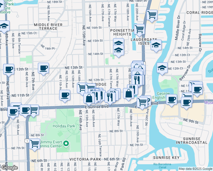 map of restaurants, bars, coffee shops, grocery stores, and more near 1132 Northeast 17th Avenue in Fort Lauderdale