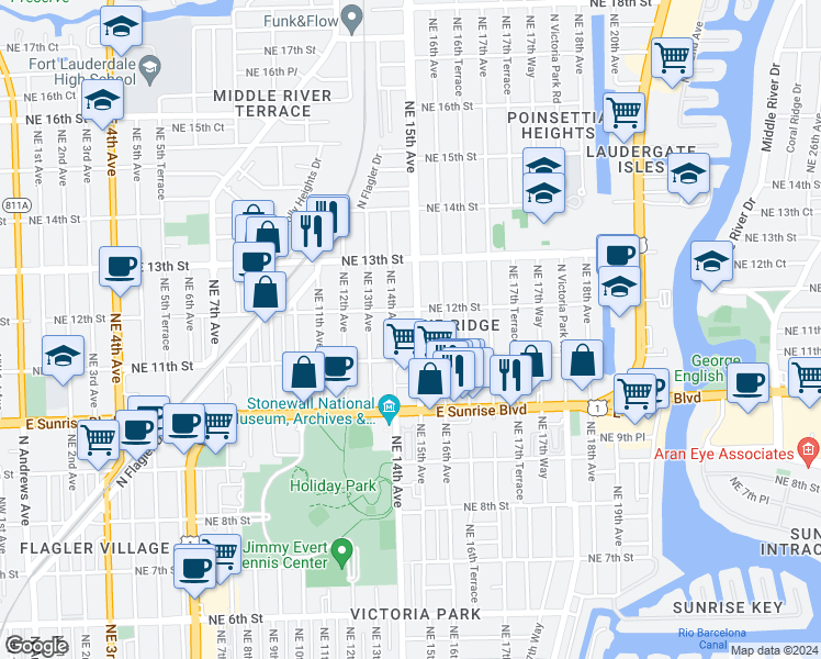 map of restaurants, bars, coffee shops, grocery stores, and more near 1136 Northeast 15th Avenue in Fort Lauderdale