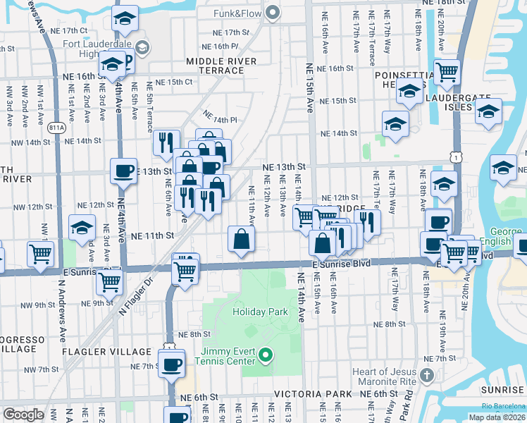 map of restaurants, bars, coffee shops, grocery stores, and more near 1140 Northeast 12th Avenue in Fort Lauderdale