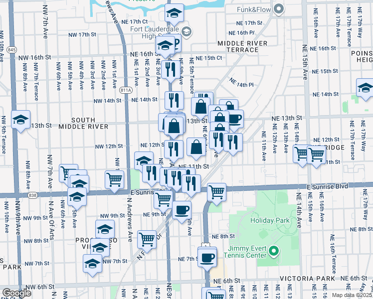map of restaurants, bars, coffee shops, grocery stores, and more near 1145 Northeast 5th Terrace in Fort Lauderdale