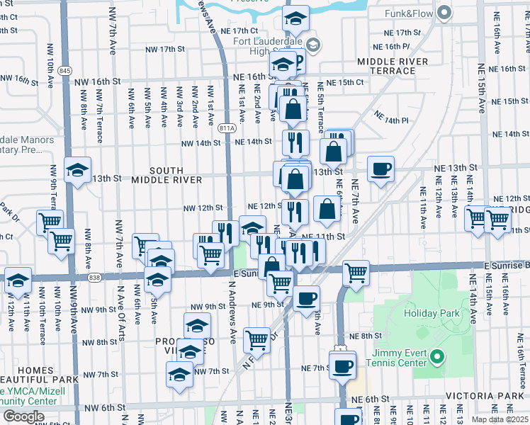 map of restaurants, bars, coffee shops, grocery stores, and more near 1145 Northeast 3rd Avenue in Fort Lauderdale